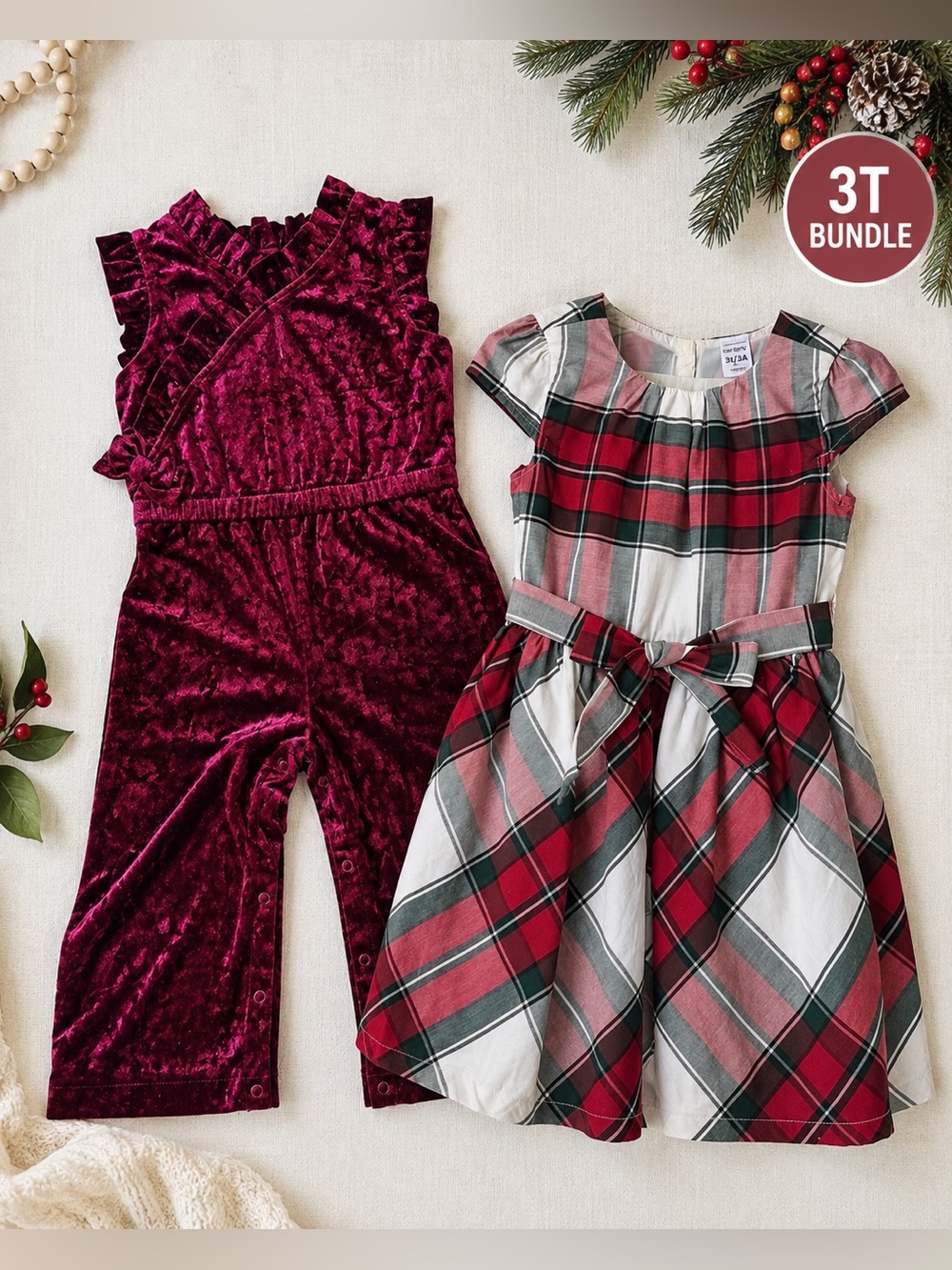 3T Girls Holiday Bundle Velvet Romper & Carter’s Plaid Christmas Dress